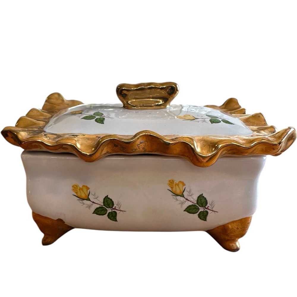 vintage hand-decorated porcelain trinket or dresser box MCM (1940s–1960s) floral